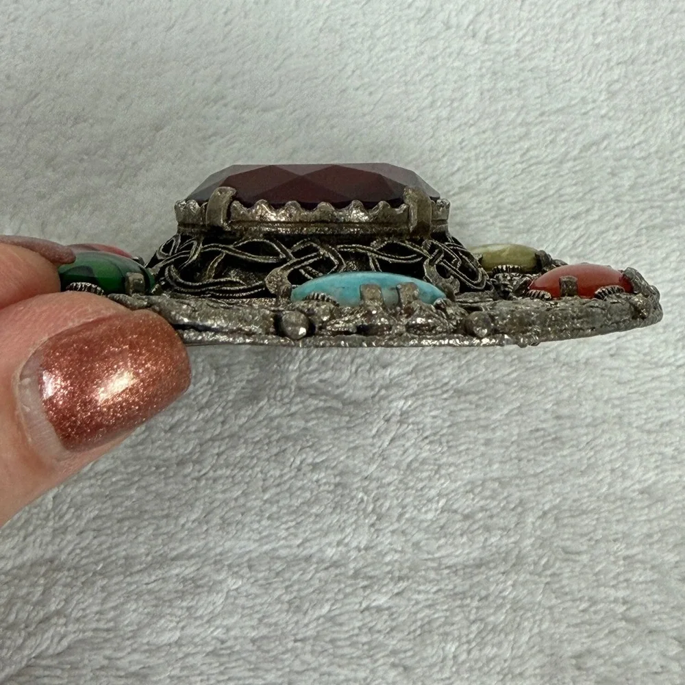 Miracle Vintage‎ Celtic Brooch Red Glass Multi Stone Silver Tone Scottish Pin